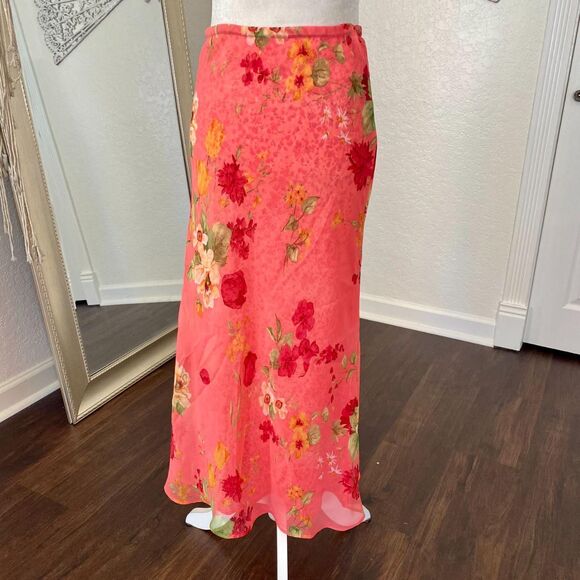 Early 2000's Pink Orange Red Flower Floral Fairy Reversible Mesh Maxi Skirt S M - Picture 2 of 6